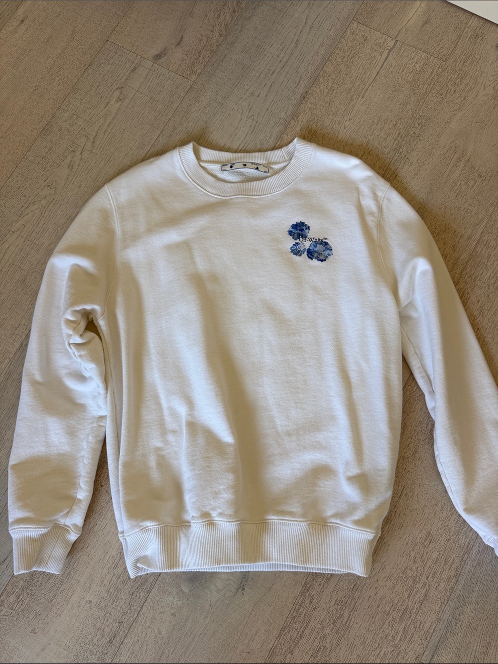 Off-White White Crewneck Sweatshirt with Blue Floral Motif